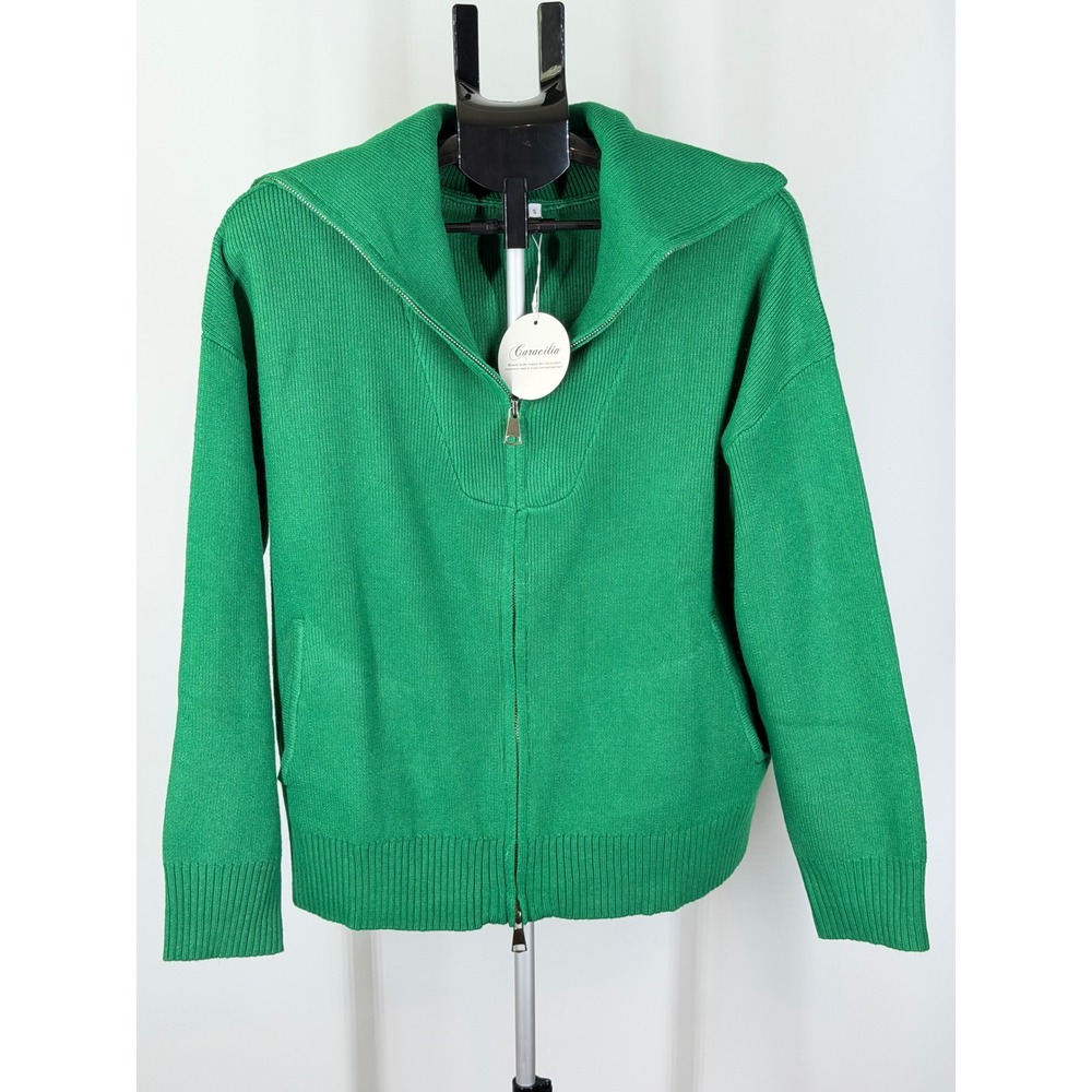 Caracilia Womens Green Ribbed Full Zip Cardigan Sweater Oversized Collar Small